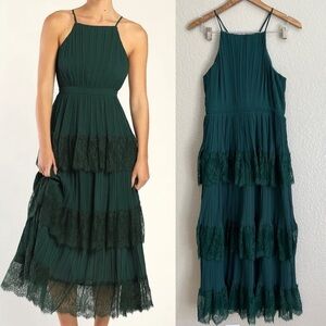 Came For Cocktails Emerald Green Pleated Tiered Lace Maxi Dress